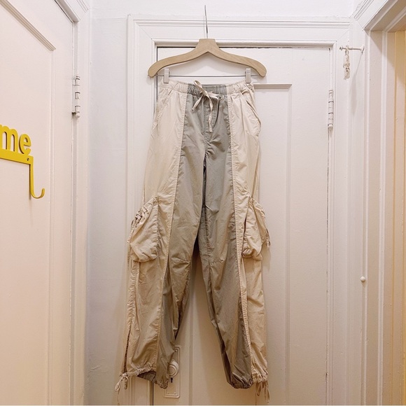 Zara Colorblocked Parachute Pants Tan Army Green Tie Waist - Picture 4 of 5